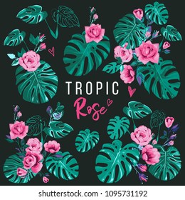 Tropic floral elements: monstera flowers, palm, tropical roses, blossom leaves, leaf. Vintage watercolor print. Summer design isolated on black background backdrop.