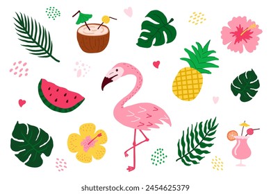 Tropic floral illustrations, palm leaves, hibiscus, pineapple, flamingo, exotic flowers, watermelon, orange, smoothies, juice, milkshake, cocktail. Colorful and cute Hawaii vacation vector set