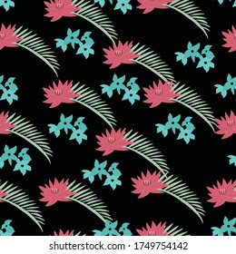 Tropic floral pattern seamless repeat exotic lotus flower and palm leaf on black background. Print summer floral plant. Nature wallpaper. Seamless vector pattern