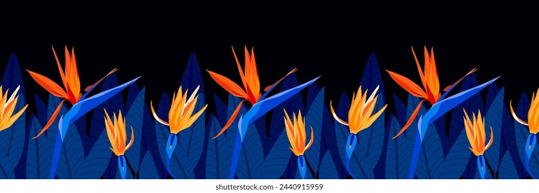 Tropic floral seamless border pattern with modern yellow, orange color strelitzia, and blue leaves background, hand drawing illustration