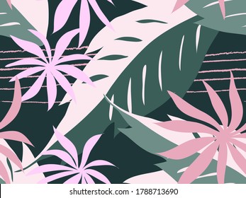Tropic floral seamless vector pattern with flowers and leaves in pink and teal palette