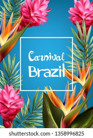 Tropic flowers exotic frame Vector watercolor. Brazil carnival festival design templates