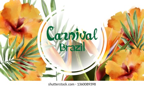 Tropic flowers exotic frame Vector watercolor. Brazil carnival festival design templates