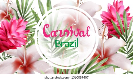 Tropic flowers exotic frame Vector watercolor. Brazil carnival festival design templates