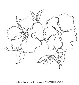 Tropic flowers hibiskuses drawing in one line drawing. Minimal art for your design and free space inside