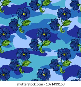 Tropic flowers on the camouflage background. Vector seamless pattern. Camo flower tropical illustration. For your web design,clothes, repeat print, clothing.