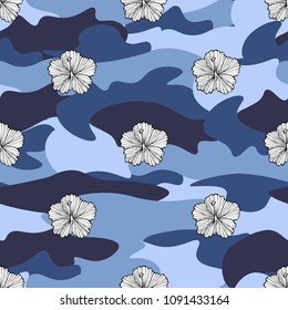 Tropic flowers on the camouflage background. Vector seamless pattern. Camo flower tropical illustration. For your web design,clothes, repeat print, clothing.