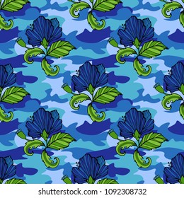 Tropic flowers on the camouflage background. Vector seamless pattern. Camo flower tropical illustration. For your web design,clothes, repeat print, clothing.