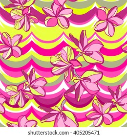 TROPIC flowers pattern neon color pink yellow on a colorful wave abstract background. Vector floral pattern. Purple color tropical flowers plumeria.