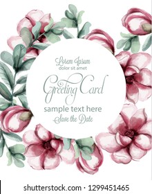 Tropic flowers round frame Vector watercolor. Delicate summer card templates