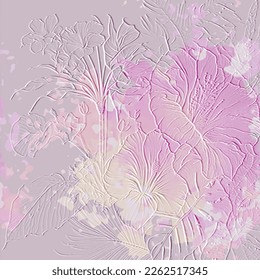 Tropic flowers textured 3d modern pattern. Floral embossed watercolor pink background. Grunge dirty backdrop. Line art  flowers, leaves. Abstract hand drawn surface plants ornaments. Embossing effects