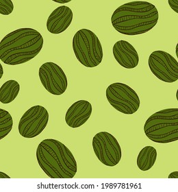 Tropic food seamless pattern with random green watermelon ornament. Light background. Graphic design for wrapping paper and fabric textures. Vector Illustration.