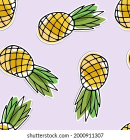 Tropic fruit hand drawn sketch seamless pattern. Bright fruit. Outline vector illustration. Fresh pineapple backdrop, Summer decoration print for wrapping, wallpaper, fabric. Organic eco food