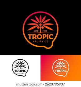 Etiqueta de frutas tropicales. Hoja de palma y frutos de coco. Logotipo del Producto. Identidad.