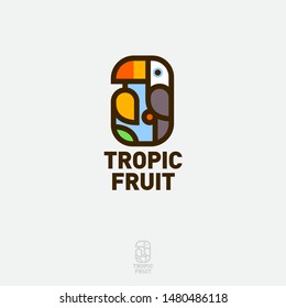 Tropic Fruit logo. Tropical bird with ripe mango fruit. Toucan flat emblem. Label for exotic products.