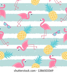 Tropic fruit Pineapple and Pink Flamingo seamless pattern background design. Vector Illustration EPS10