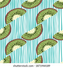 Tropic fruit seamless pattern with kiwi simple slice shapes. Blue and white striped background. Designed for fabric design, textile print, wrapping, cover. Vector illustration.