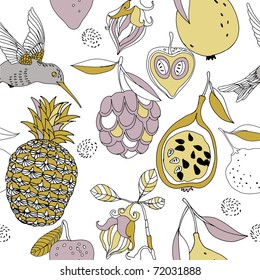 tropic fruits and bird seamless pattern