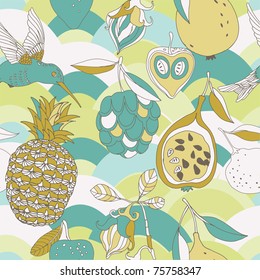 tropic fruits and bird seamless pattern