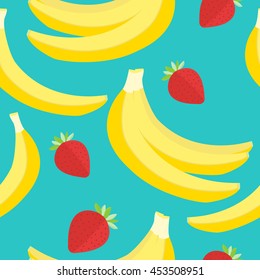 Tropic fruits pattern: bananas and strawberry. Hand drawn design. Vector summer fruit illustration. Vector illustration