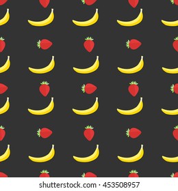 Tropic fruits pattern: bananas and strawberry. Hand drawn design. Vector summer fruit illustration. Vector illustration