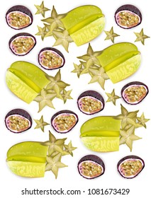 Tropic fruits pattern Vector realistic. Starfruit, passion fruit, physalis background