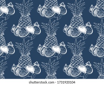 Tropic fruits textile pattern. White and blue invention