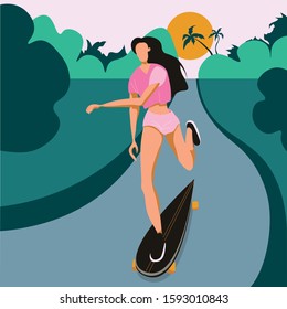 Tropic girl with a longboard. vector illustration