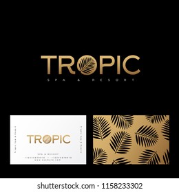 Tropic gold logo. Resort and Spa emblem. O letter with palm leaf.  Identity, business card. Pattern with palm leaves on a gold background.