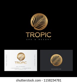 Tropic gold logo. Resort and Spa emblem. Tropical cosmetics. Beauty. Palm leaves in a circle. Identity, business card.