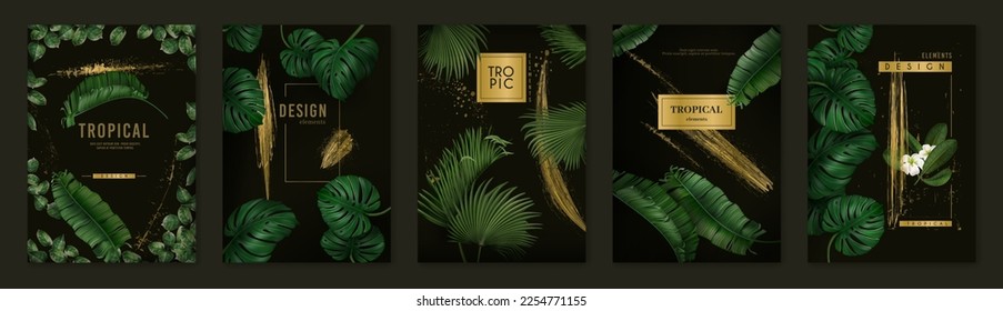 Afiches de spa de oro tropical, hojas verdes y decoración dorada. Diseño de invitaciones para fiestas de verano, follaje de palma, plantas, naturaleza y salpicaduras de hojas. Fundas botánicas de lujo. Fondo de diseño exacto del vector