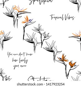 Tropic graphic strelitzia flowers seamless pattern. Tropical wallpaper collection. Sketch in watercolor style.