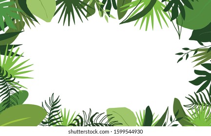 Tropic green background with leaves isolated on white background with place for text. Jungle foliage. Rainforest concept banner. Cartoon illustration banner for web design.Exotic frame with copy space