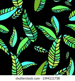 Tropic green leaves pattern vector palm trees artistic design. Exotic print leafs trendy color on a black background. Primitive palm backdrop.