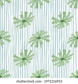 Tropic green palm licuala elements seamless foliage pattern. Blue and white striped background. Perfect for fabric design, textile print, wrapping, cover. Vector illustration.