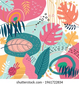 Tropic hand drawn pattern. Tropical jungle leaves and various shapes. Abstract contemporary pattern. Modern patchwork illustration in vector.