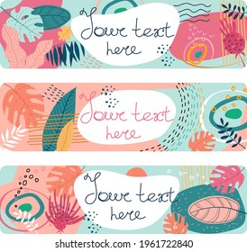 Patrón trenzado a mano tropical. Hojas tropicales de la jungla y varias formas. Resumen del patrón contemporáneo. Ilustración moderna de patchwork en vector.