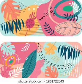 Tropic hand drawn pattern. Tropical jungle leaves and various shapes. Abstract contemporary pattern. Modern patchwork illustration in vector.