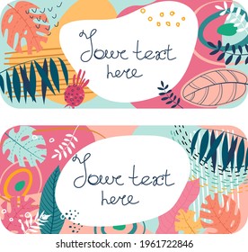 Tropic hand drawn pattern. Tropical jungle leaves and various shapes. Abstract contemporary pattern. Modern patchwork illustration in vector.