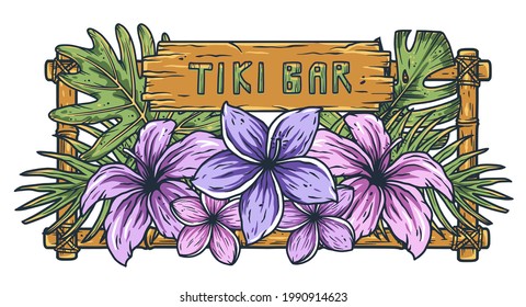 Tropic hawaii exotic plant for surfing tiki bar. Palm and monstera for tropical surf design