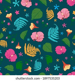 Tropic Hawaii seamless vector pattern on dark green background