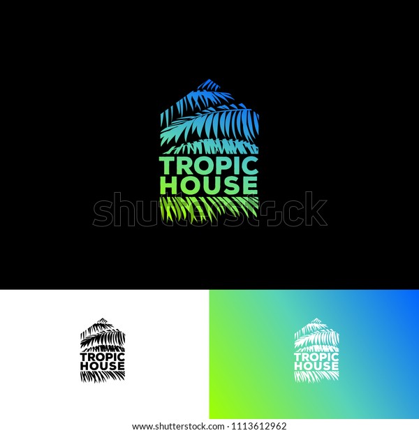 Tropic House logo. Resort and Spa emblem.\
Tropical cosmetics. Beauty. Palm leaves in a silhouette of a\
tropical house. Gradient and monochrome\
option.