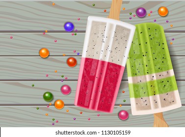 Tropic ice cream with kiwi and dragon fruit flavors. Vector realistic dessert top view. wooden texture background. Menu template banner posters