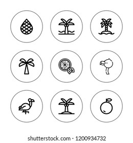 Tropic icon set. collection of 9 outline tropic icons with coconut tree, flamingo, palm tree, palm icons. editable icons.