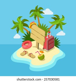 Tropic island beach wooden signpost flat 3d web isometric infographic travel vacation concept vector template mockup. Tropical sand seashore palm trees suitcase cocktail. Creative tourism collection.