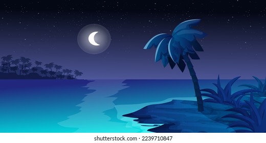 Tropic island, ocean scene at night, moon and stars, sand and palm tree, outdoor beautifu scene in cartoon style.