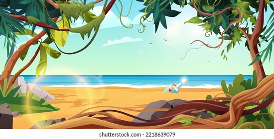 Tropic island with palm trees in the ocean. Bottle with paper message in it. Cartoon vector illustration for 2d game or adventure quest.