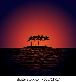 Tropic island with palms in sea. Exotic background with sunset.