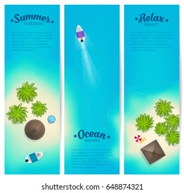 Tropic islands top view with palms, villas, beach and boats. Vector vertical banners set.