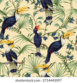 Tropic jungle birds vector seamless pattern with exotic parrots toucans leaves and branches.